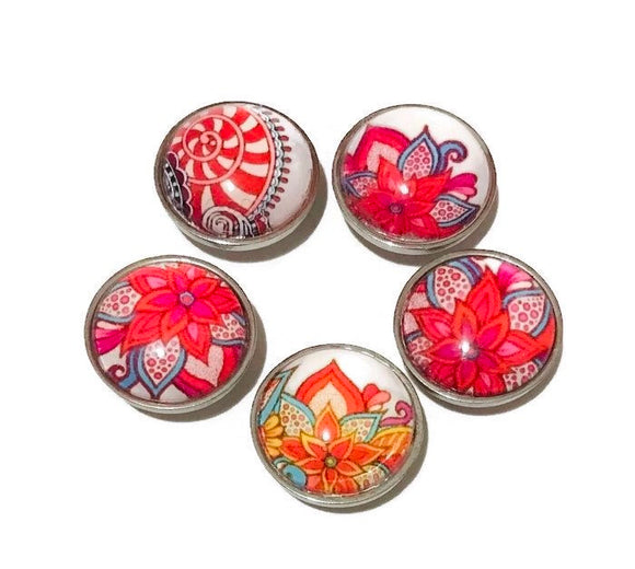 Glass Domed Snaps - Handmade Red and Pink Glass Snaps - Compatible with Ginger Snaps- Ginger Snaps - Floral Paisley Themed Glass Snaps